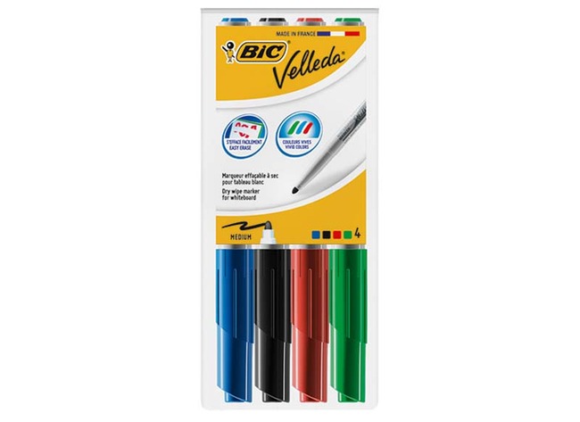 Stiften - whiteboard - BIC - Velleda - ronde punt - set van 4 assorti