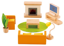 Poppenhuis - Hape - woonkamer - poppenmeubels - hout - kachel - zitbanken - salontafel - tv - per set