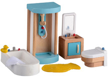 Poppenhuis - Hape - badkamer - poppenmeubels - hout - bad - douche - toilet - wastafel - per set