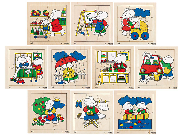 Puzzel - verhaalpuzzel - bezige muizen - hout - set van 10 assorti