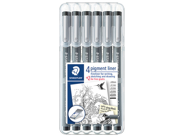 Stiften - schrijfstiften - Staedtler Pigment Liner - zwart - set van 6 assorti