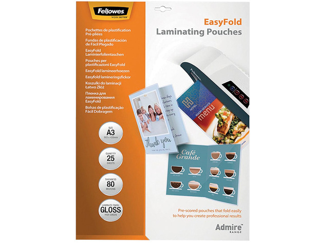 Lamineerfolie - Fellowes - glanzend - A3 - 80 micron - met plooilijn - set van 25